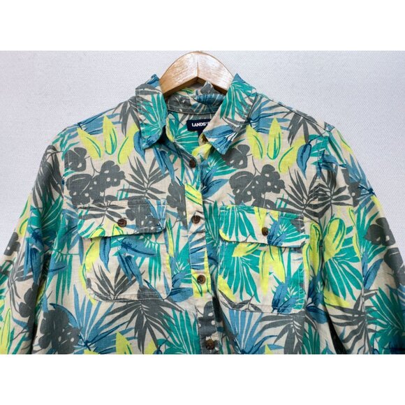 Lands End Womens Linen Button Up Shirt Size ST Green Tropical Long Sleeve Casual - Picture 4 of 12